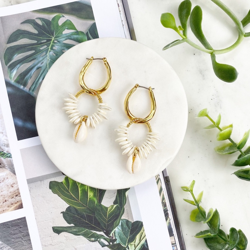 Cowrie Shell & Pearl Hoop Earrings